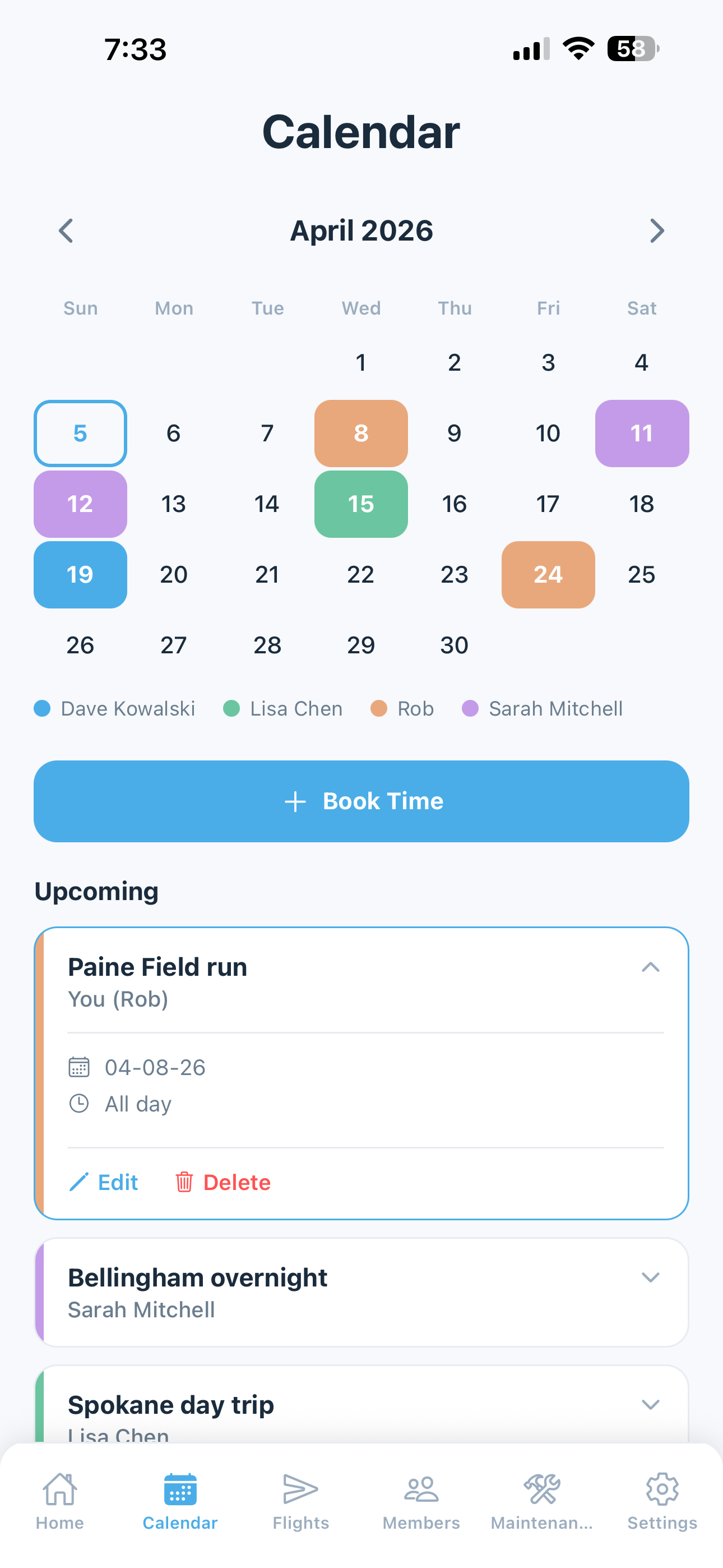 Reservation detail with booking time, destination, and member info