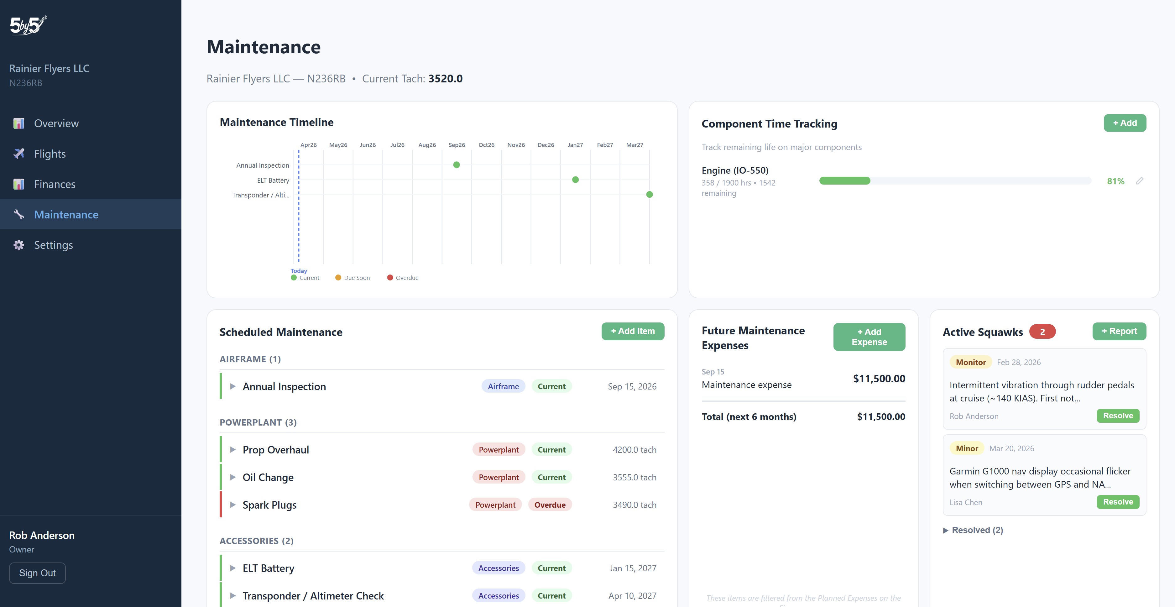 Maintenance dashboard with component tracking, oil analysis, and AD compliance