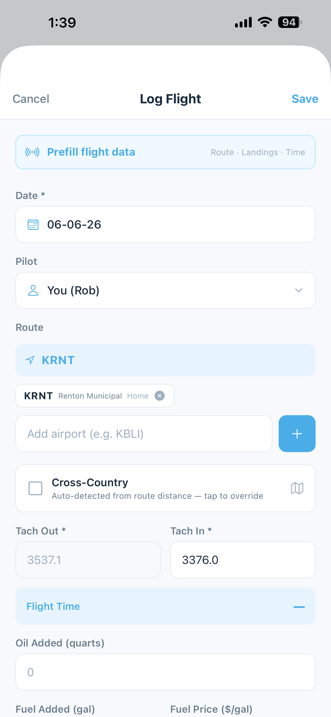Log Flight screen with tach, route, landings, and squawk entry