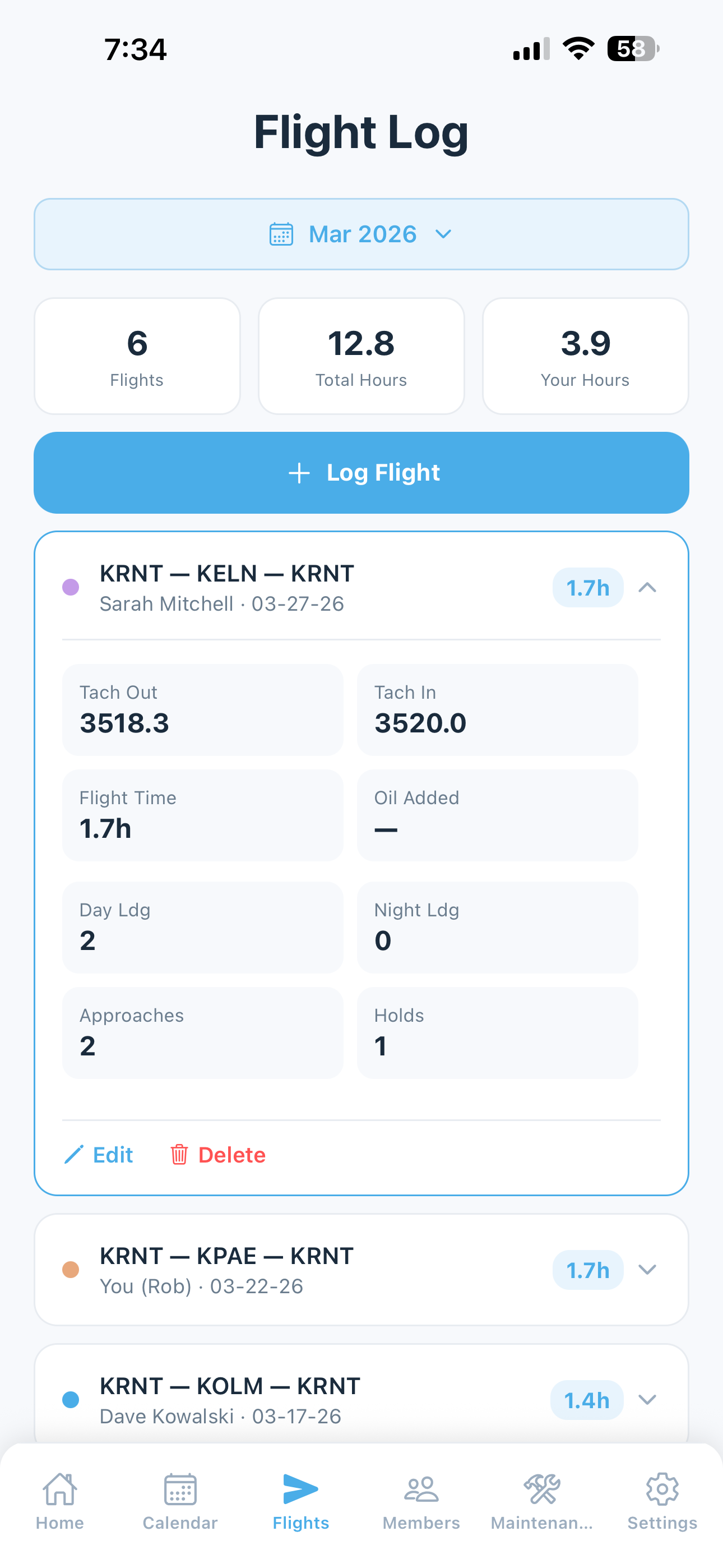 Flight detail with tach times, airports, and route data