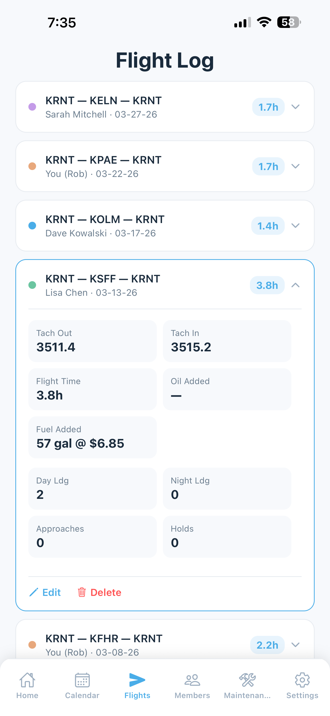 Flight log detail showing tach times, airports, and flight data