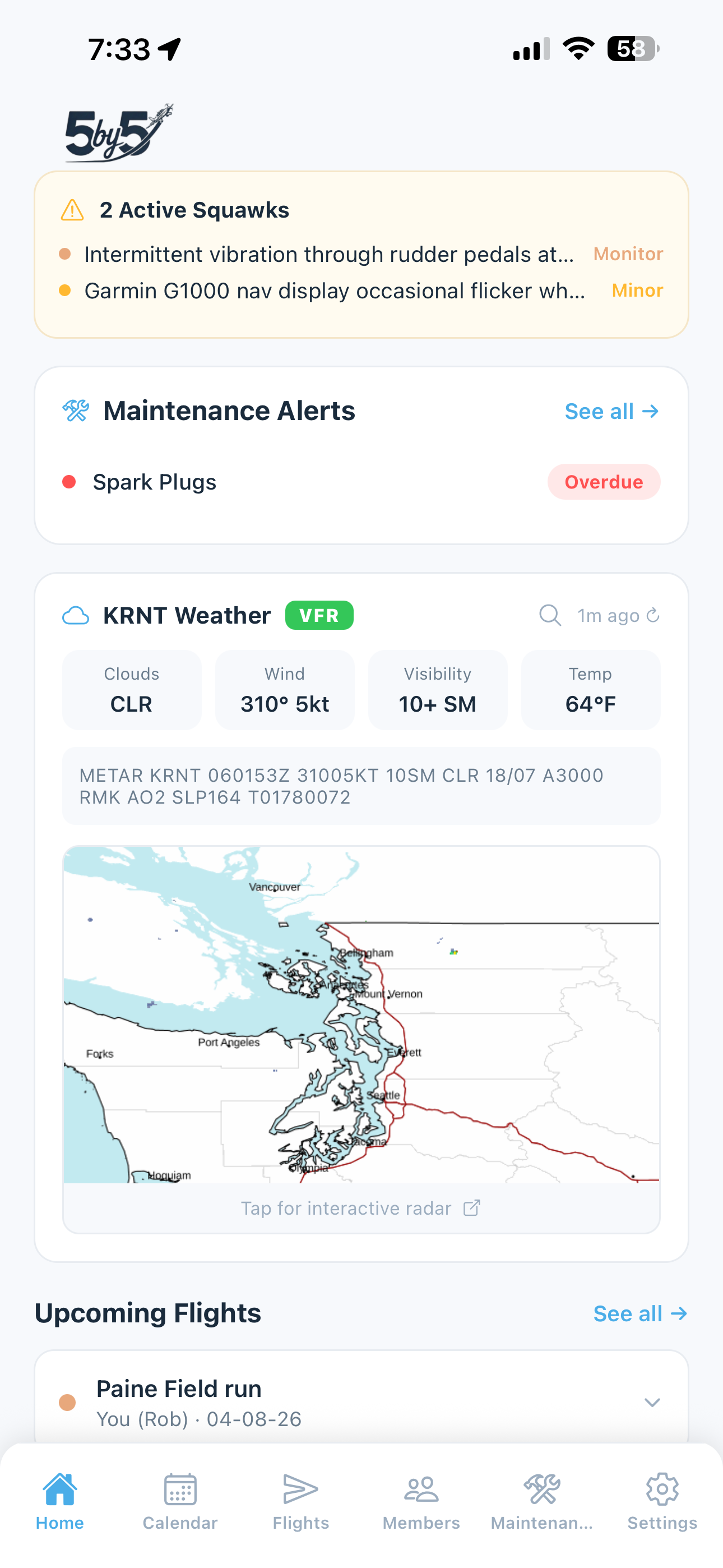 Home screen with maintenance alerts and weather overview