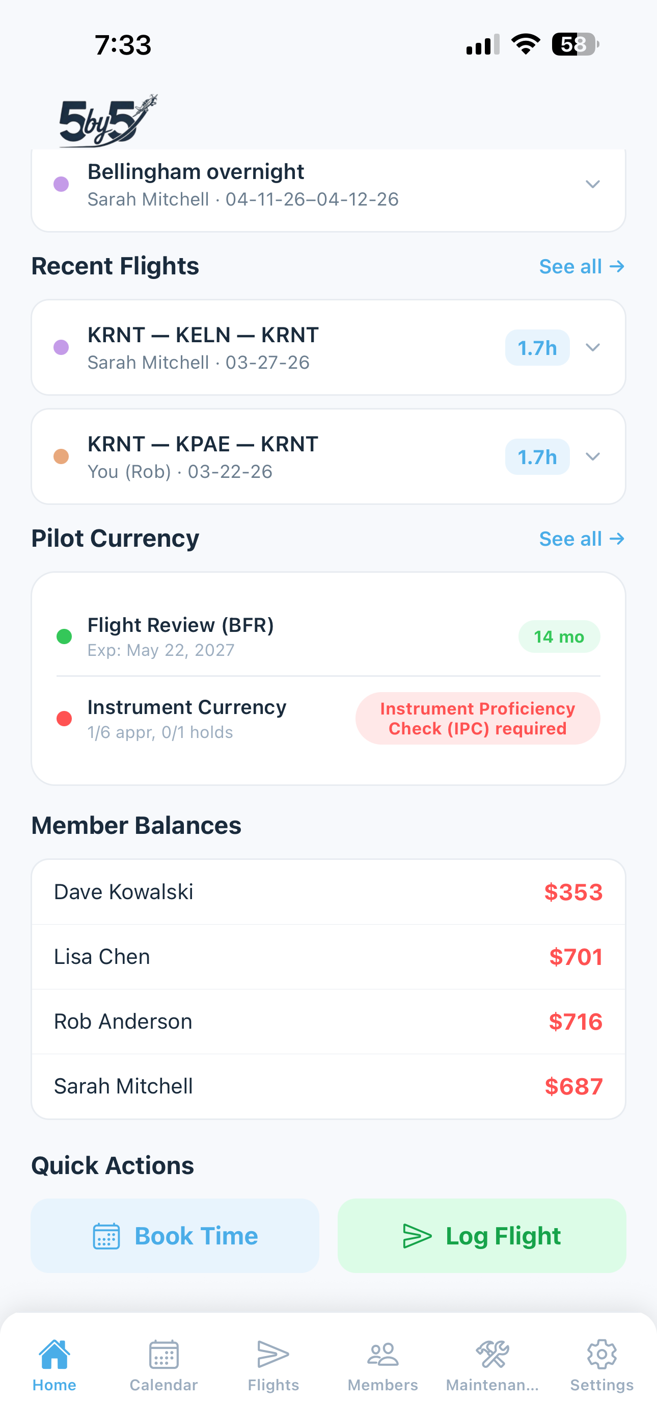 Home screen quick action buttons for flights, billing, and more