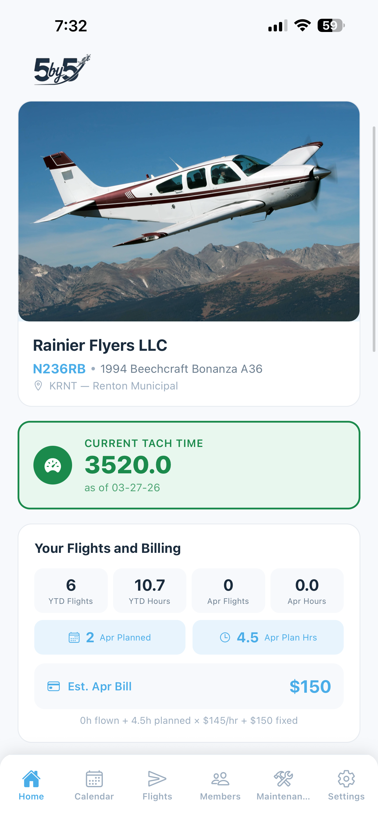5-by-5 app home screen showing weather, upcoming flights, and maintenance status