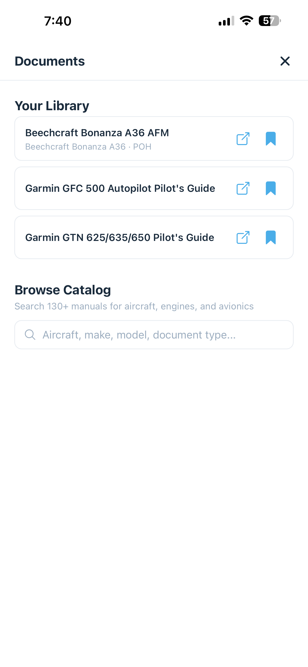 Documents library showing your uploaded aircraft documents