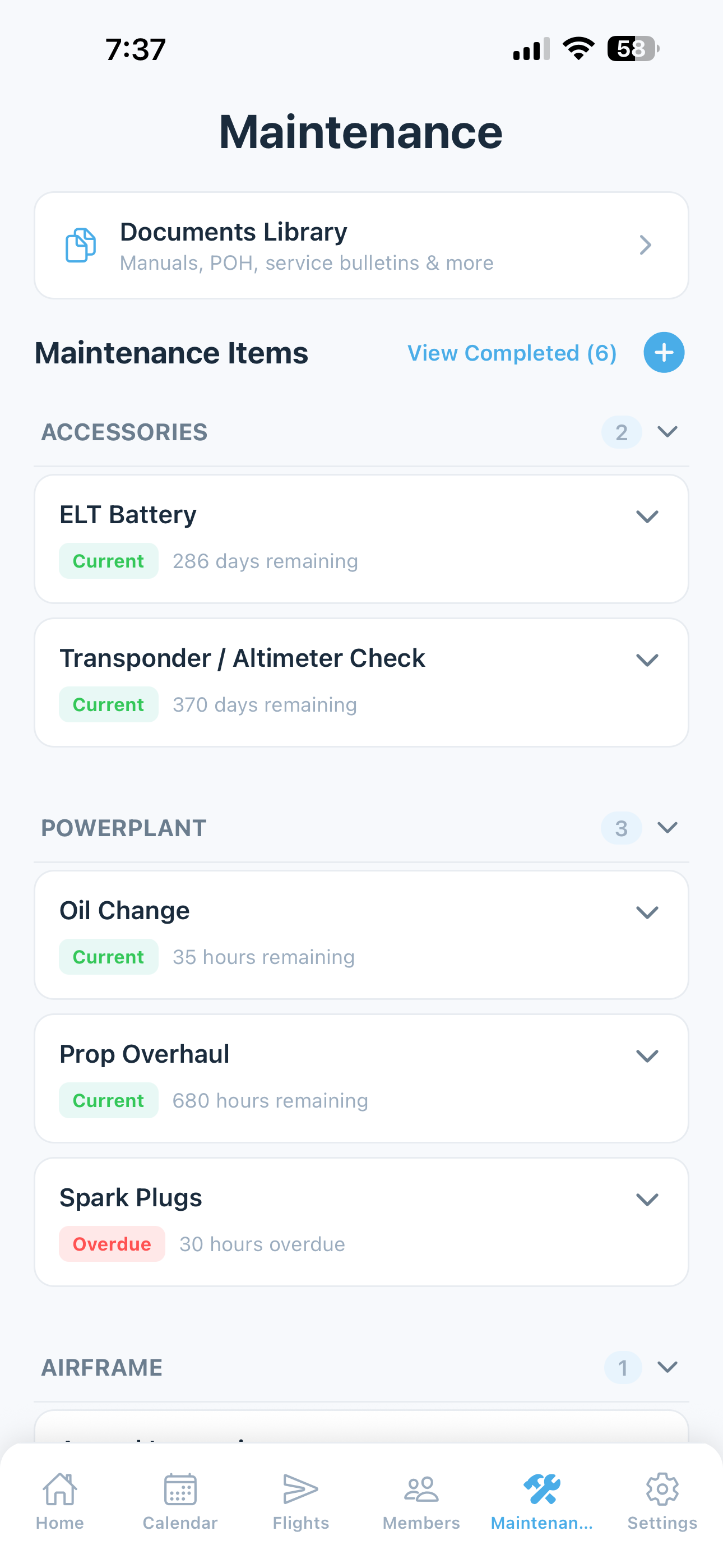 Maintenance tracking with color-coded status for annuals, ADs, and inspections
