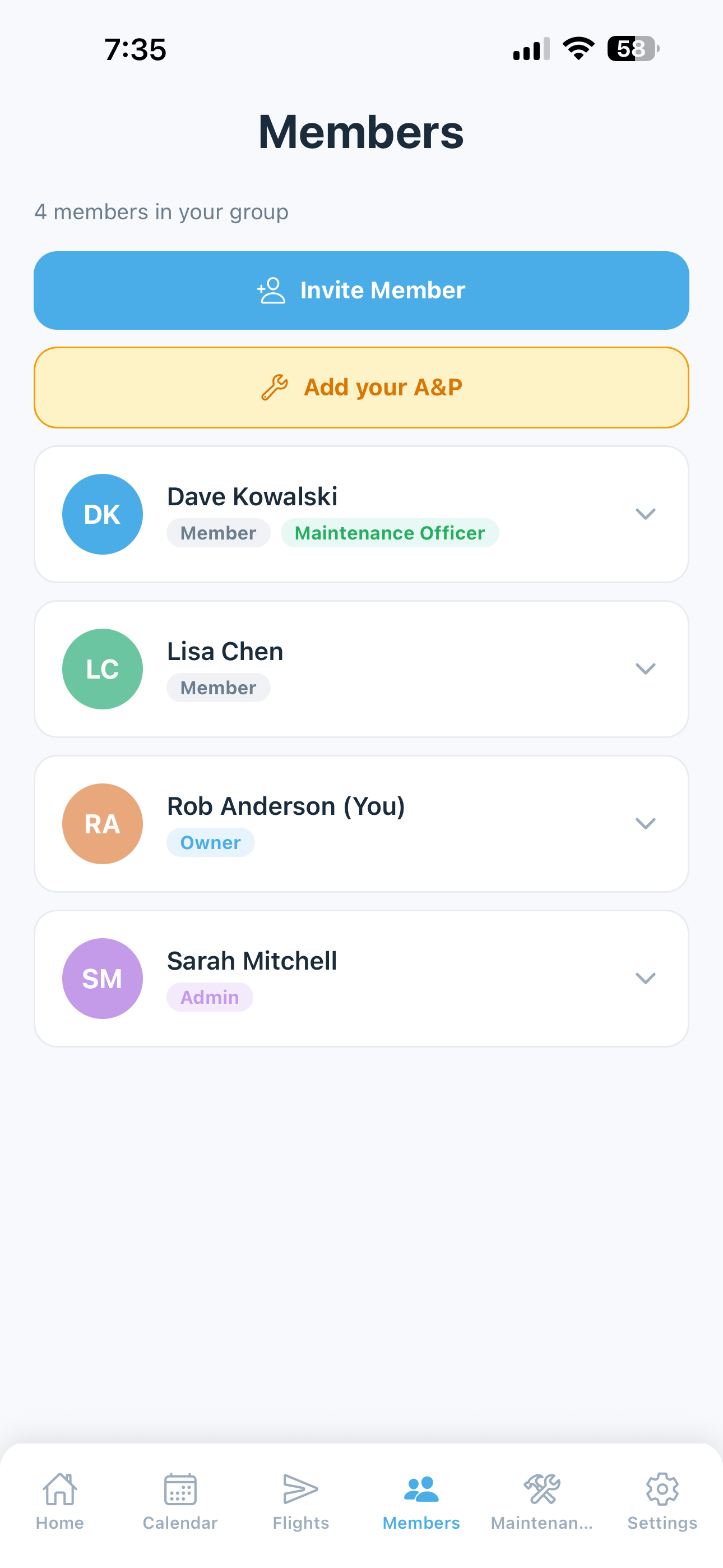 Member roster with roles, contact info, and YTD flight stats