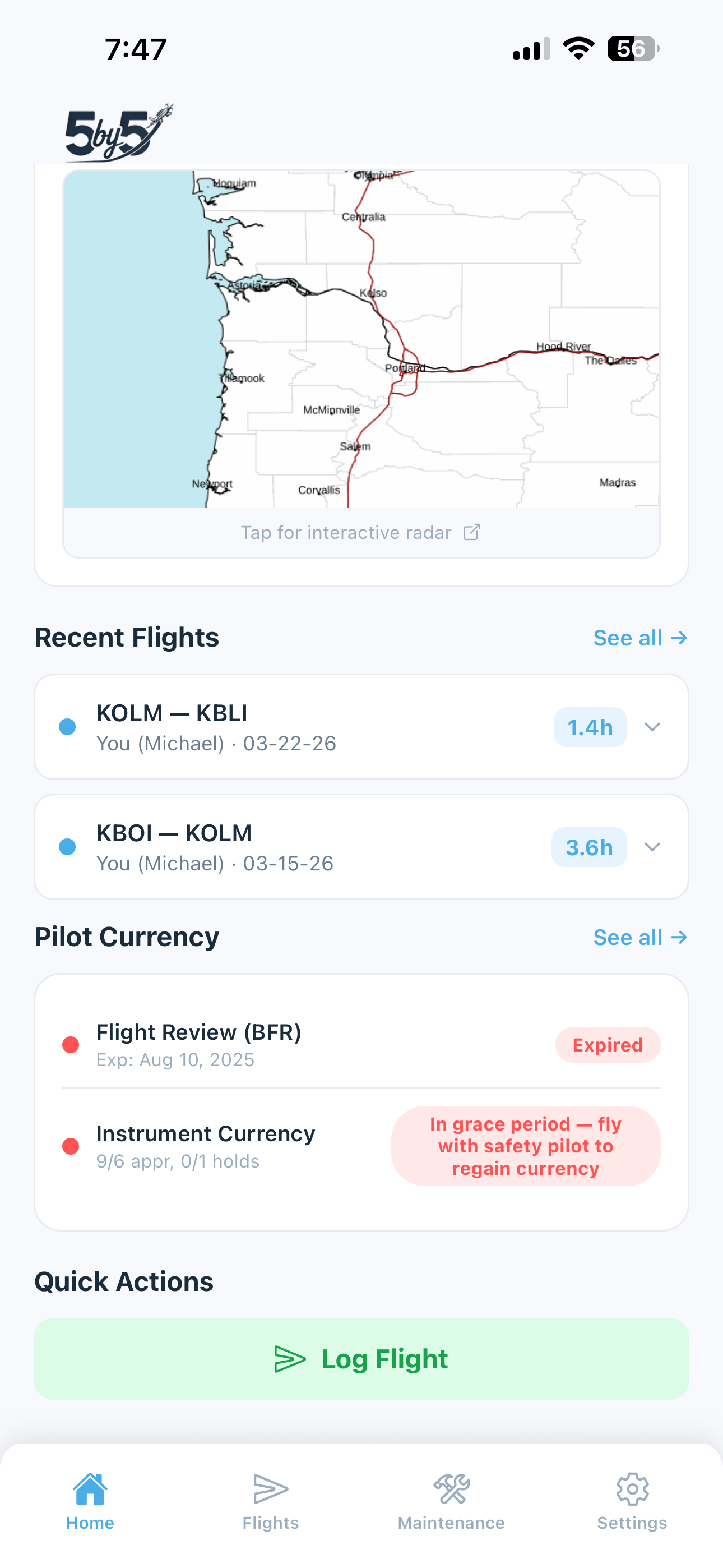 Solo home screen with weather and recent flights