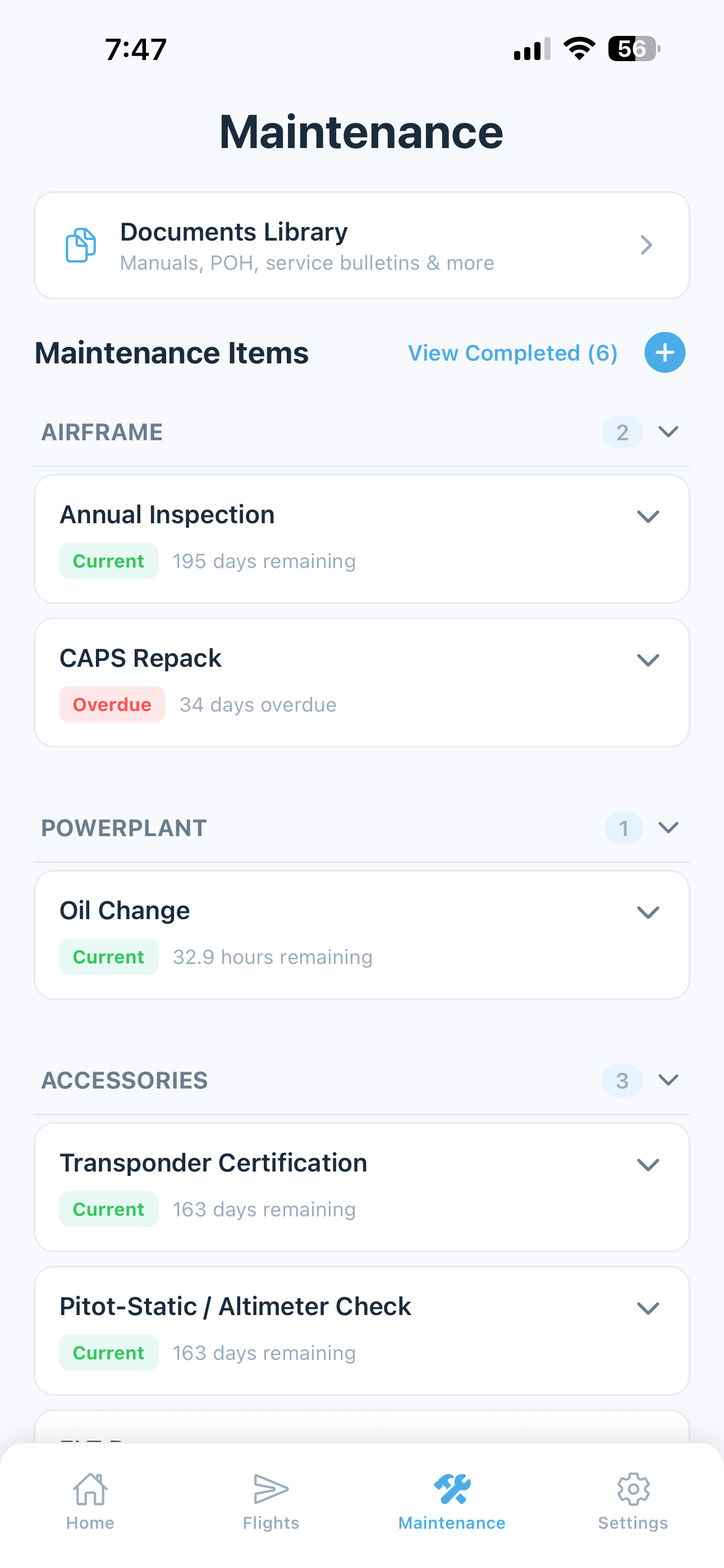 Maintenance tracking with due dates, components, and AD status