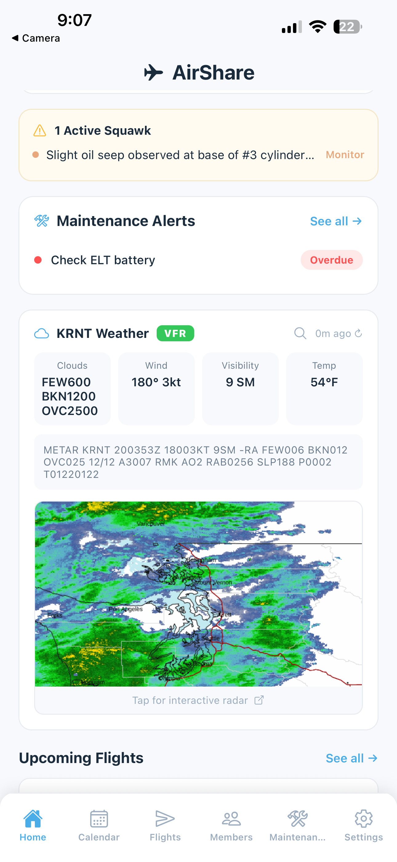 Maintenance screen - squawks section
