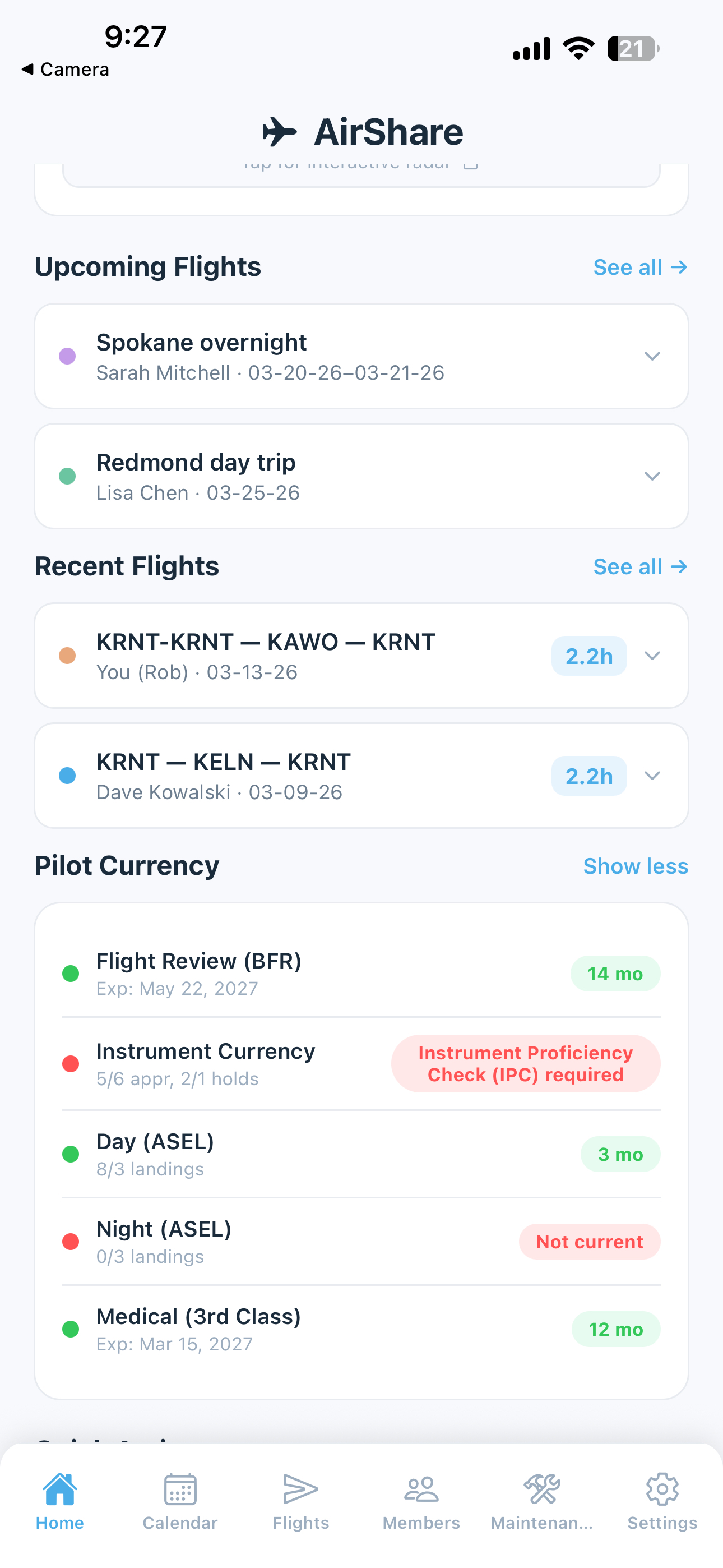 Pilot currency section on dashboard