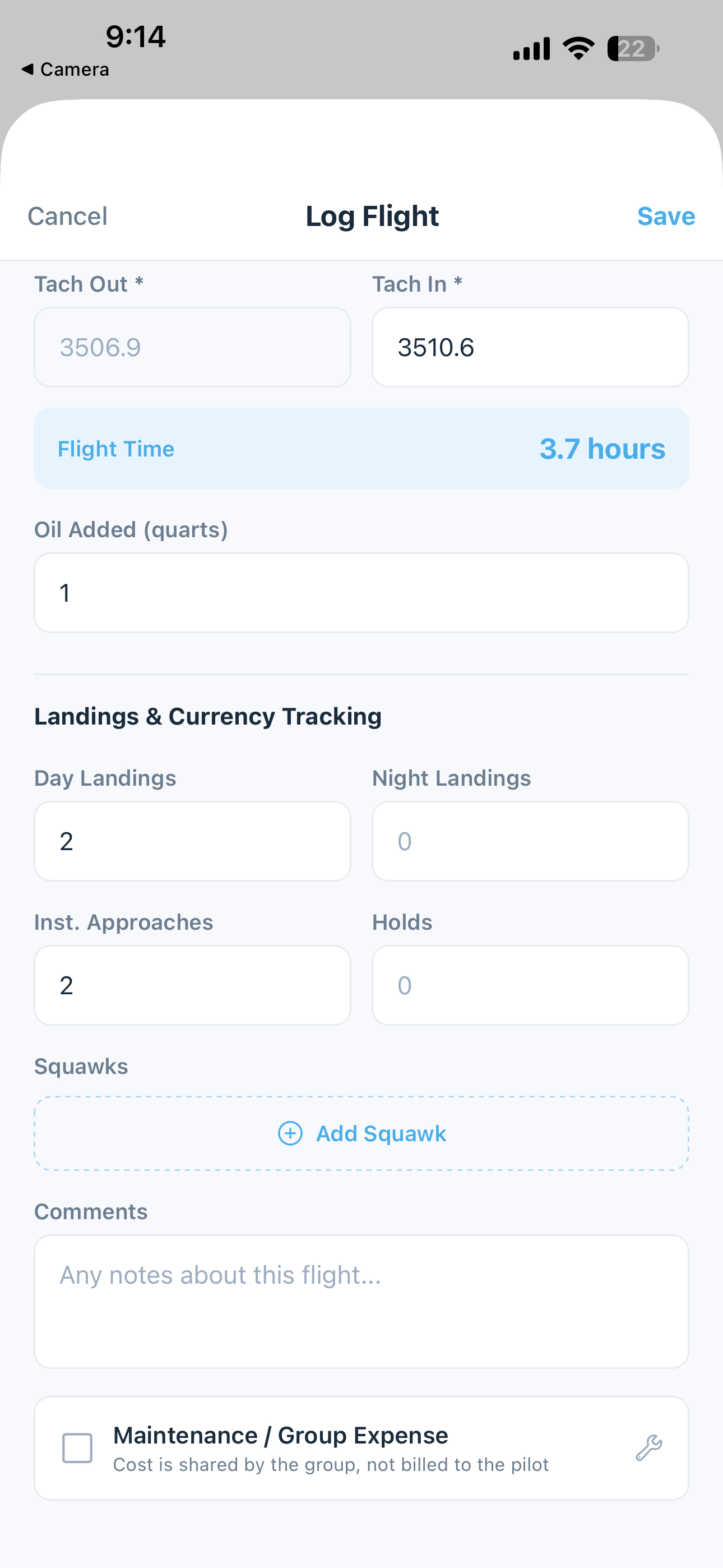 Log flight modal - bottom