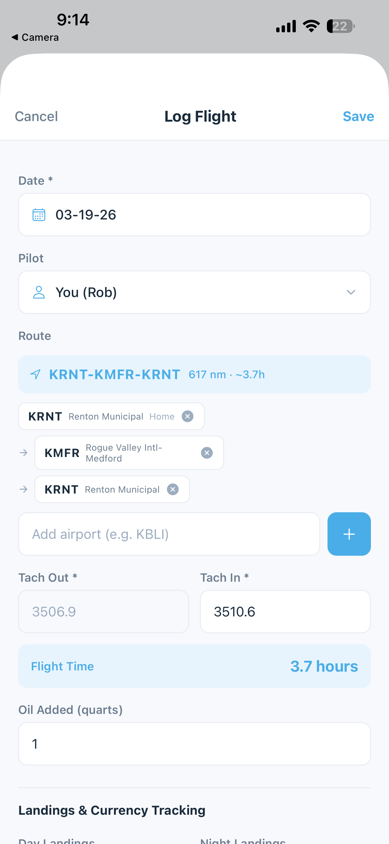 Log flight modal - top