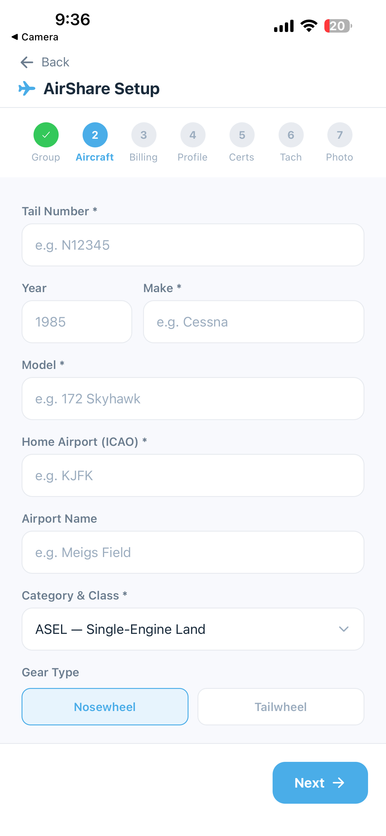 Onboarding step 2 - Aircraft Info