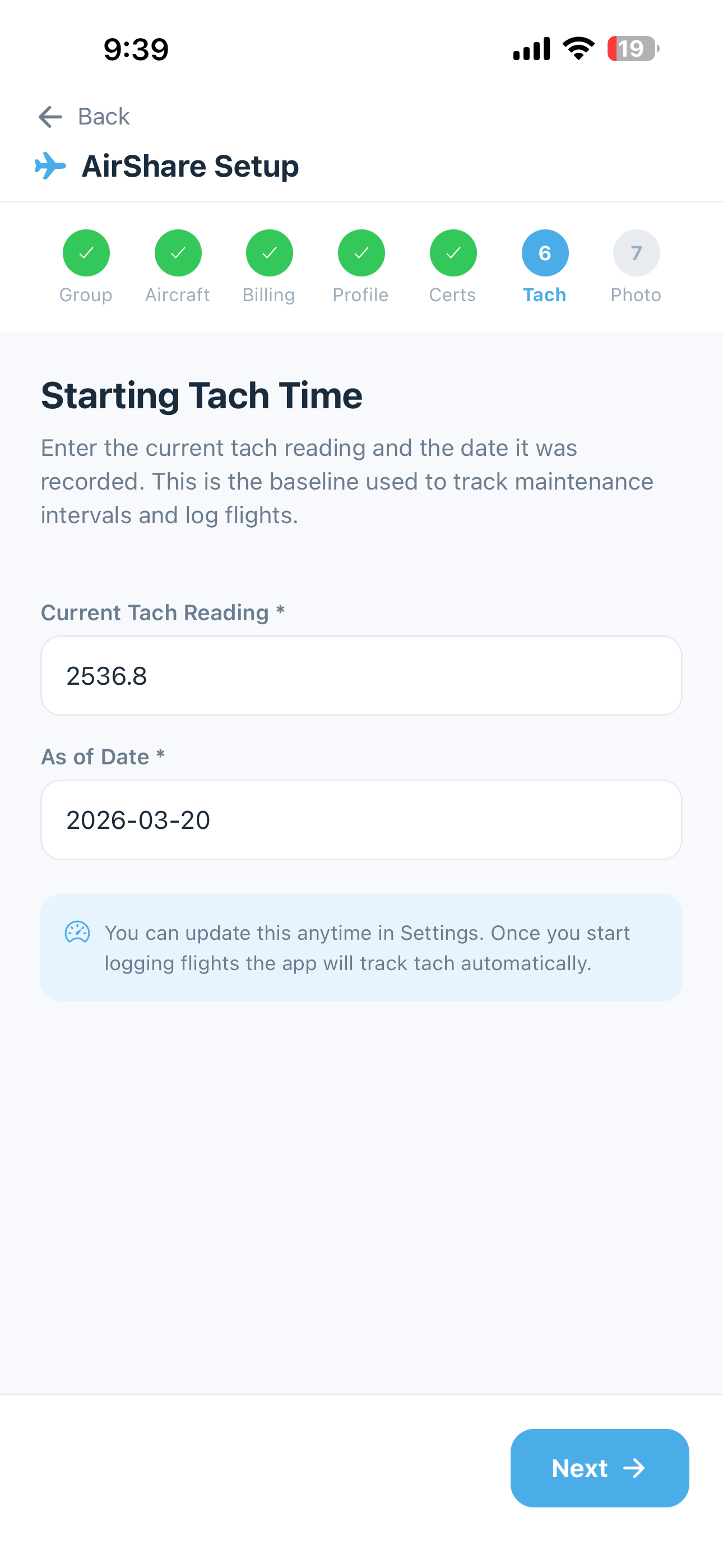 Onboarding step 6 - Starting Tach Time