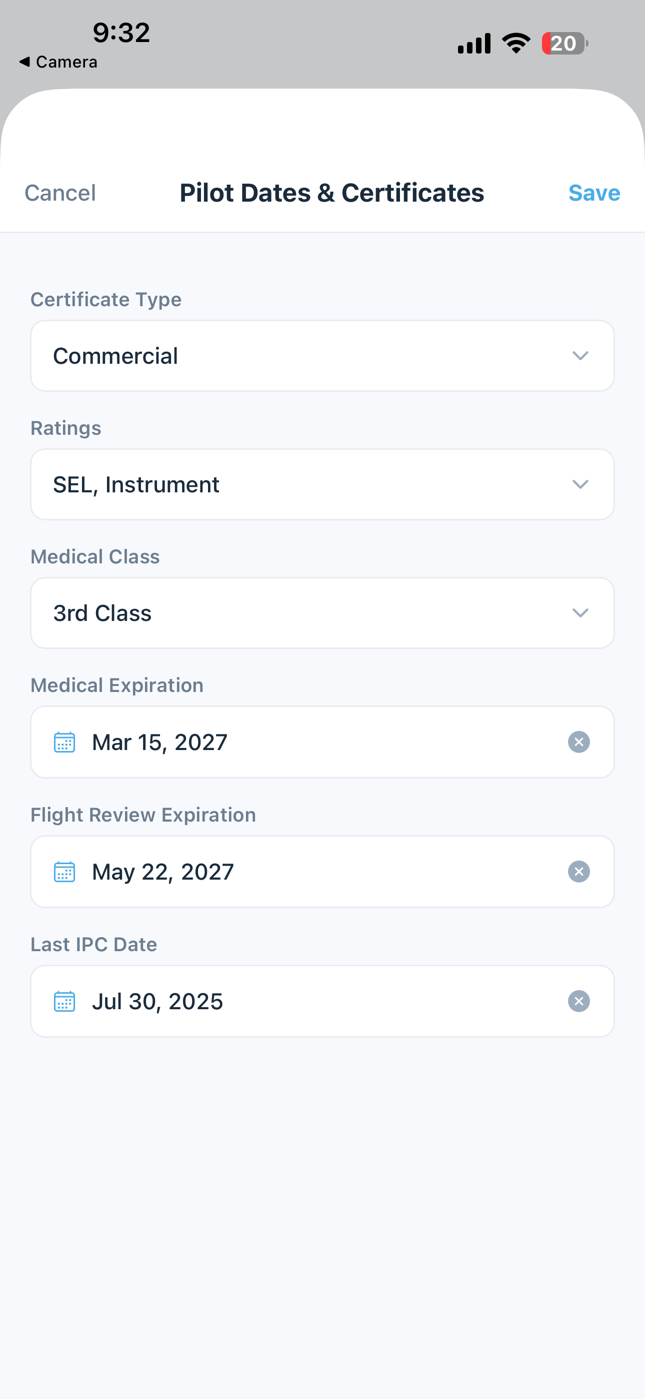 Pilot certificates modal