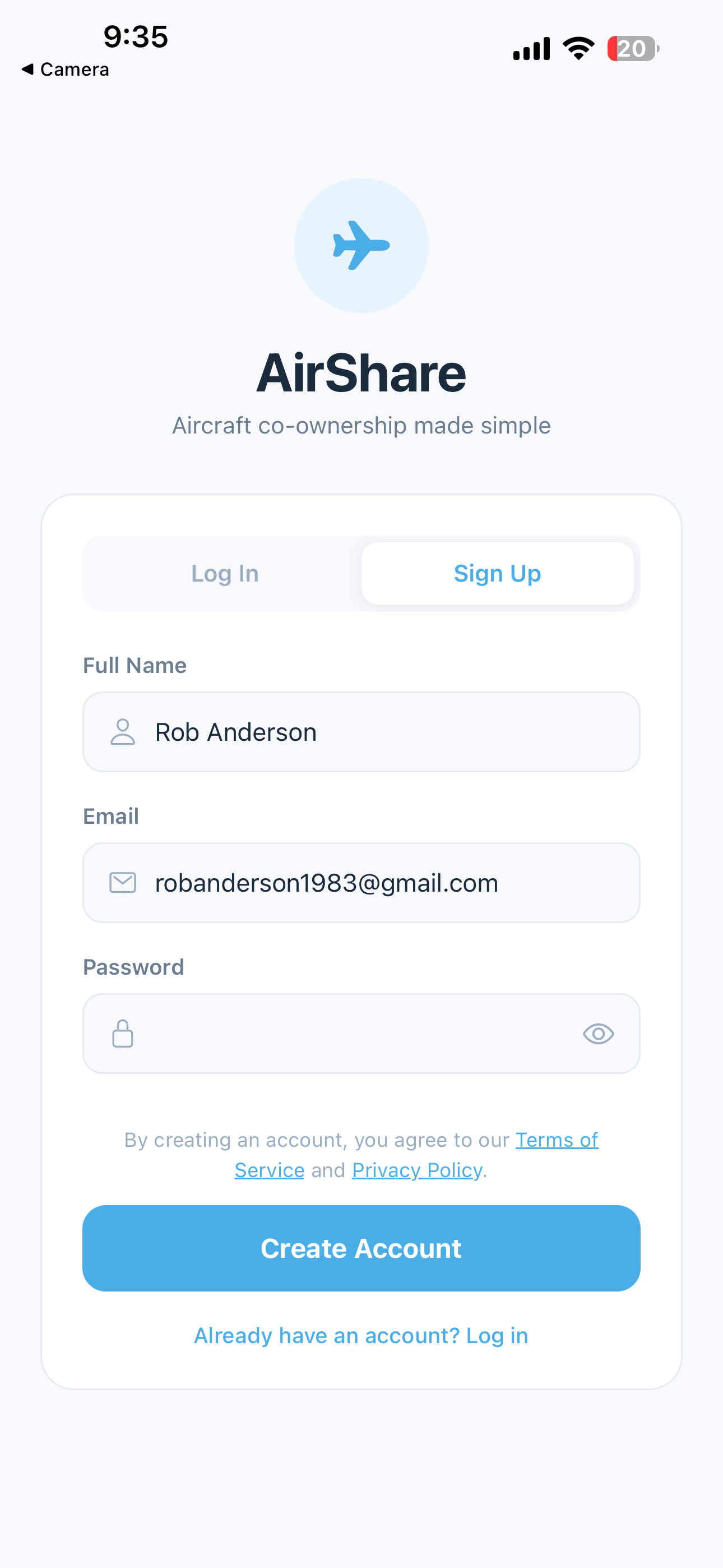 Sign up screen